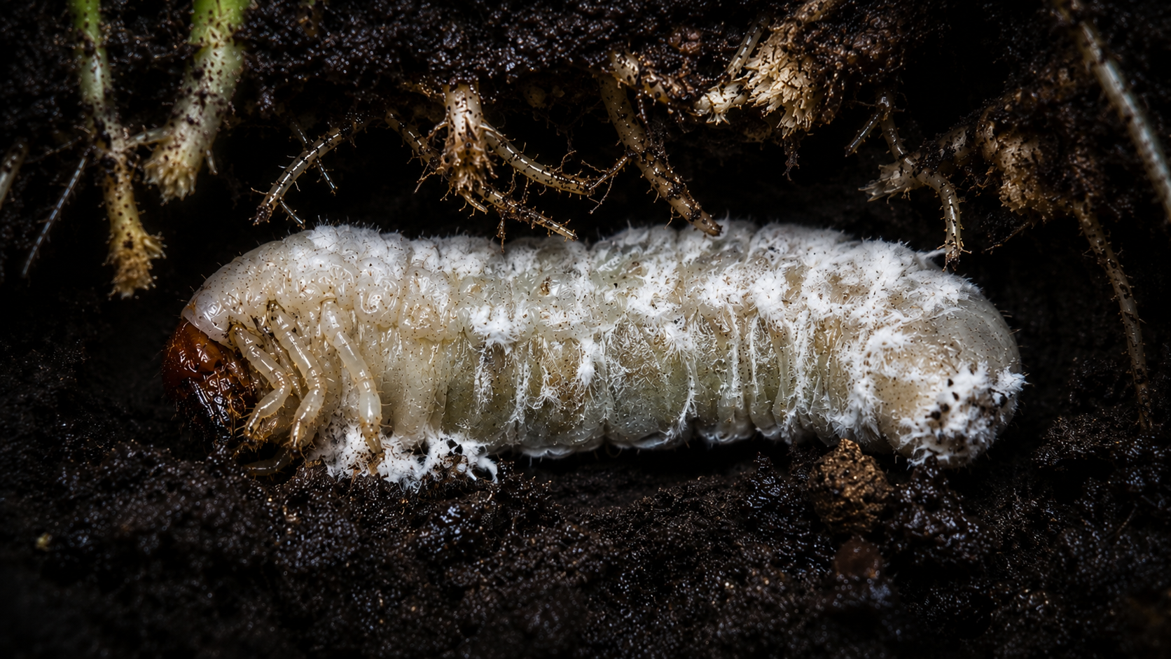 Etapa 2: contacto de esporas con larva de gallina ciega en el suelo
