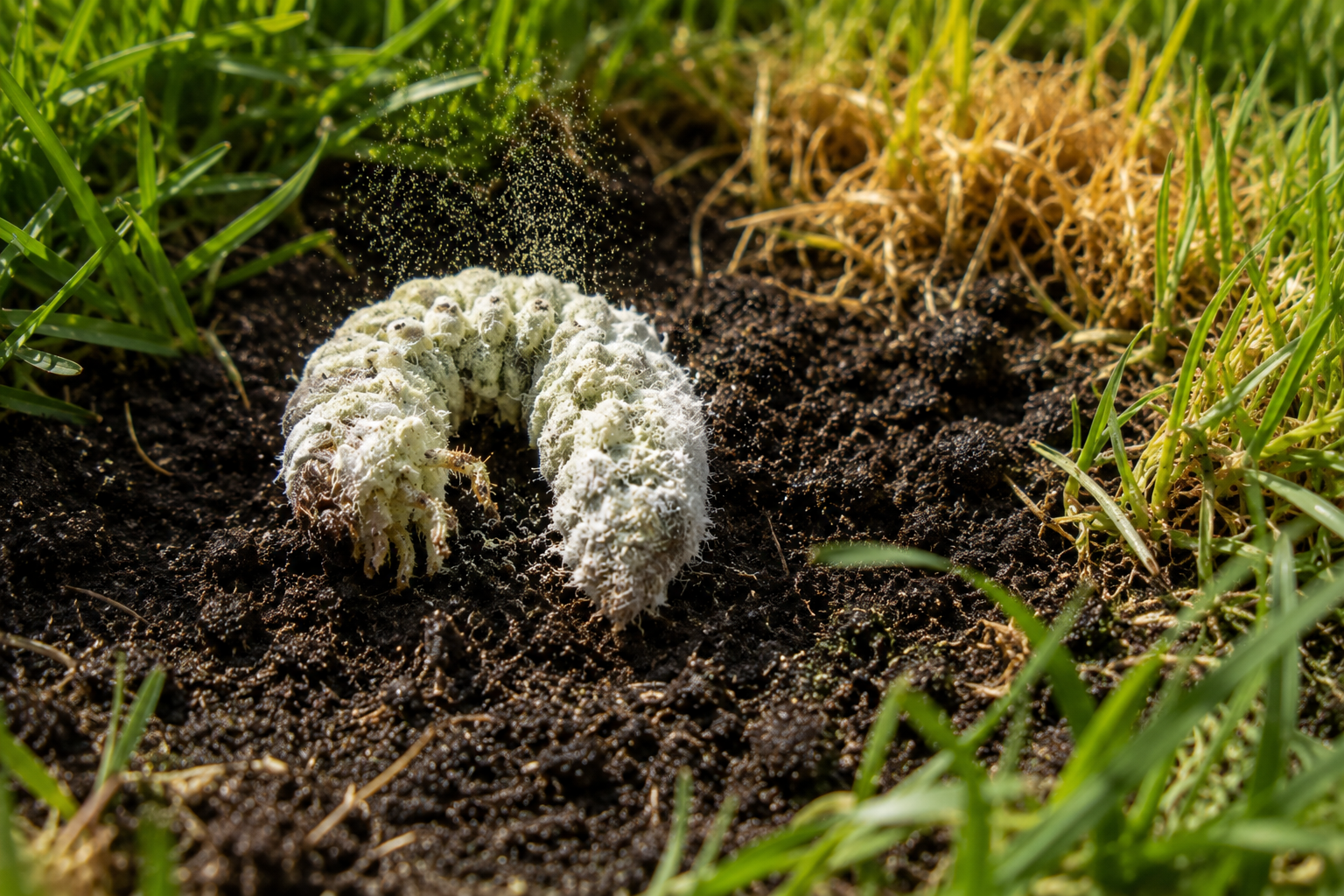 Etapa 4: larva colonizada y liberación de esporas en el suelo